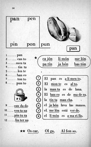 34
pin Pon
Pan1* 1 ..-- -
2 .... . - y . caii to */ea - -jón li món me ión)
3...-- -.iiieii ta patín jabón bastón
4 .....- ..- tin ta
5 .....--.-1en te b
o6....__h a n co
7 . . . . - . . -ton to
8 ....- _- pun to
@,
g-.....can da do @
lo.....-ventana o
@11.....-.pintu ra
-
12....._-lin ter ná.
El pan és alimento. '
El don te es alto.
la manta es de lana.
El' banco es de madera.
-
(
la tin ta rnan cha. .
el jabón lava las manos.
el, melón está verde.
el limón es ama ri 110.
. .. .1 .
. .
** Oscar, Olga,-- Alfon so.
 
