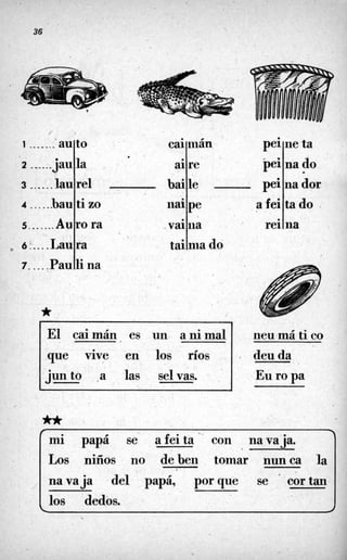 36
re1 . bai
ti zo iiai
rora vai
ra tai
i _______ au
2 .,-...J"U
3 -_..._.lau
4 ..-.hau
5 . ...._Au
+' 6i....Lau
7. ...,Pau
le pei na dor
pe a fei ta do
iia
ina do
cai iiián
aiIre
to
la
peiIne'ta
pe+a do.
li na
*
El caimán. es un animal
vive en los ríosque
jun-to .a las se1vas. _ '
* reilna
neu má ti co
deuda
Eu ro pa
. <
1
.-
mi papá se afeita con navaja.
Los niños no deben tomar nunca la
1 navaja del papá, porque se * cortan 1
I los dedos. I
 
