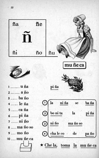 22
@
ña , ffie
pi fia
-
bo ni ta, la
ñi ño
@
1 ..........u.ña. .
I
nifio ma fio so
& '
2 ......... ano .
/
3 .........baño
,4 ........le ña
5 ........ca ña
6 .........pi na' .
7 .......n
i no
8 ......ma ño so
9 i
.
.
.
.
' mo ño
* . u
' .
a 1 ,
10 .....mu ííe ca
pi fia
-
@[chaleco 1 de ' paíioj
*Chela, toma .la rnuñe ca
 