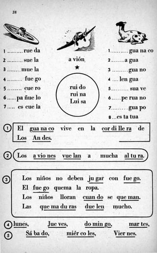 38
0
%
1..........rue da . . . . 1...........gua na,'co
. I
El guanaco vive en la cordillera 'de ,
Los Andes.

@
os aviones vuelan a mucha altura.
Los ninos no deben jugar con fuego.
El fuego quema la ropa.
-
Los nifíos lloran cuando se queman.
Las que ma du ras due len mucho.
@lunes,
- Jue ves, do min go
3 mar tes,
Sába do, miér co les, V'
ier nes.
o
 