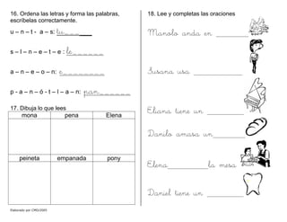 16. Ordena las letras y forma las palabras,
escríbelas correctamente.
u – n – t - a – s: tu_____
s – l – n – e – t – e : le______
a – n – e – o – n: e________
p - a – n – ó - t – l – a – n: pan______
17. Dibuja lo que lees
mona pena Elena
peineta empanada pony
18. Lee y completas las oraciones
Manolo anda en
Susana usa
Eliana tiene un
Danilo amasa un
Elena la mesa
Daniel tiene un
Elaborado por CMD/2005
 