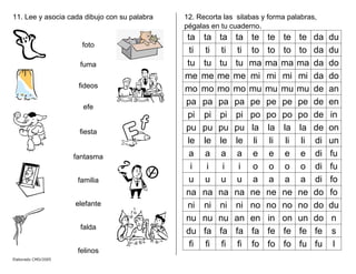 11. Lee y asocia cada dibujo con su palabra
foto
fuma
fideos
efe
fiesta
fantasma
familia
elefante
falda
felinos
12. Recorta las silabas y forma palabras,
pégalas en tu cuaderno.
ta ta ta ta te te te te da du
ti ti ti ti to to to to da du
tu tu tu tu ma ma ma ma da do
me me me me mi mi mi mi da do
mo mo mo mo mu mu mu mu de an
pa pa pa pa pe pe pe pe de en
pi pi pi pi po po po po de in
pu pu pu pu la la la la de on
le le le le li li li li di un
a a a a e e e e di fu
i i i i o o o o di fu
u u u u a a a a di fo
na na na na ne ne ne ne do fo
ni ni ni ni no no no no do du
nu nu nu an en in on un do n
du fa fa fa fa fe fe fe fe s
fi fi fi fi fo fo fo fu fu l
Elaborado CMD/2005
 