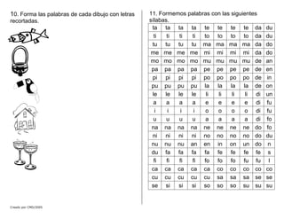 10. Forma las palabras de cada dibujo con letras
recortadas.
Creado por CMD/2005
11. Formemos palabras con las siguientes
sílabas.
ta ta ta ta te te te te da du
ti ti ti ti to to to to da du
tu tu tu tu ma ma ma ma da do
me me me me mi mi mi mi da do
mo mo mo mo mu mu mu mu de an
pa pa pa pa pe pe pe pe de en
pi pi pi pi po po po po de in
pu pu pu pu la la la la de on
le le le le li li li li di un
a a a a e e e e di fu
i i i i o o o o di fu
u u u u a a a a di fo
na na na na ne ne ne ne do fo
ni ni ni ni no no no no do du
nu nu nu an en in on un do n
du fa fa fa fa fe fe fe fe s
fi fi fi fi fo fo fo fu fu l
ca ca ca ca ca co co co co co
cu cu cu cu cu sa sa sa se se
se si si si so so so su su su
 