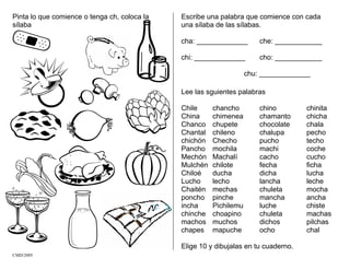 Pinta lo que comience o tenga ch, coloca la
sílaba
Escribe una palabra que comience con cada
una sílaba de las sílabas.
cha: _____________ che: ____________
chi: _____________ cho: ____________
chu: _____________
Lee las sguientes palabras
Chile chancho chino chinita
China chimenea chamanto chicha
Chanco chupete chocolate chala
Chantal chileno chalupa pecho
chichón Checho pucho techo
Pancho mochila machi coche
Mechón Machalí cacho cucho
Mulchén chilote fecha ficha
Chiloé ducha dicha lucha
Lucho lecho lancha leche
Chaitén mechas chuleta mocha
poncho pinche mancha ancha
incha Pichilemu luche chiste
chinche choapino chuleta machas
machos muchos dichos pilchas
chapes mapuche ocho chal
Elige 10 y dibujalas en tu cuaderno.
CMD/2005
 