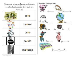 Para que r suene fuerte, entre dos
vocales (a,e,i,o,u), se debe colocar
doble rr
Creado por CMF/2005
parra
carrera
perro
parrilla
marrueco
Coloca la sílaba que falta
ca____ co_____a
ta____ tie_____
ca____ta ba____l
bu____ ja____n
fe____ca____l
 