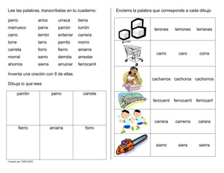 Lee las palabras, transcríbelas en tu cuaderno:
perro arroz urraca tierra
marrueco parra parrón turrón
carro terrón enterrar carrera
torre tarro perrito morro
carreta forro fierro amarra
morral sarro derrota arrestar
ahorros sierra arruinar ferrocarril
Inventa una oración con 6 de ellas.
Dibuja lo que lees
Creado por CMF/2005
parrón perro carrete
fierro amarra forro
Encierra la palabra que corresponde a cada dibujo
terones terrones terranes
carro caro corra
cacharros cachoros cachorros
ferocarril ferrocarril ferrocaril
carrera carrerra carera
sierro siera sierra
 