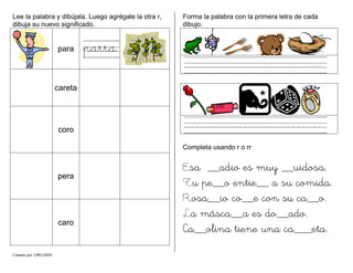 Lee la palabra y dibújala. Luego agrégale la otra r,
dibuja su nuevo significado.
para parra
careta
coro
pera
caro
Forma la palabra con la primera letra de cada
dibujo.
………………………………………………………………….
………………………………………………………………….
Completa usando r o rr
Esa __adio es muy __uidosa.
Tu pe__o entie__ a su comida.
Rosa__io co__e con su ca__o.
Creado por CMF/2005
La másca__a es do__ado.
Ca__olina tiene una ca___eta.
 