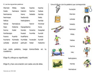 8. Lee las siguientes palabras:
Hernán Hilda hada hache hacha
hada hamaca halcón harina habas
hermanos heno helado herida
hermosa hediondo hielo
hélice helicóptero herida
héroe herradura hervir hinchar
hipo historia hipopótamo hora
horno hotel hondo horario hospital
horóscopo hueso humita hundir
huevo huerto huérfano hueco
humano húmedo humilde huracán hundir
cohete alcohol pehuén helar helecho
Lee cada palabra, luego transcríbela en tu
cuaderno.
Elige 8 y dibuja su significado.
Elige 6 y haz una oración con cada una de ellas.
Une el dibujo con la palabra que corresponda:
huracán
Hernán
cohete
helado
hamaca
Hilda
habas
harina
hilo
helicóptero
herida
herradura
Elaborado por CMD 2005
 