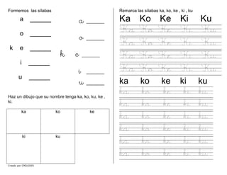 Formemos las sílabas
Creado por CMD/2005
Haz un dibujo que su nombre tenga ka, ko, ku, ke ,
ki.
ka ko ke
ki ku
Remarca las sílabas ka, ko, ke , ki , ku
Ka Ko Ke Ki Ku
a ______
o ______
k e ______
i ______
u ______
a ____
o ____
k e ____
i ____
u ____
Ka Ko Ke Ki Ku
Ka Ko Ke Ki Ku
Ka Ko Ke Ki Ku
Ka Ko Ke Ki Ku
ka ko ke ki ku
ka ko ke ki ku
ka ko ke ki ku
ka ko ke ki ku
ka ko ke ki ku
ka ko ke ki ku
ka ko ke ki ku
 