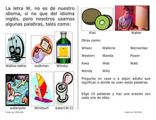 Creado por CMD/2006 Creado por CMD/2006
La letra W, no es de nuestro
idioma, si no que del idioma
inglés, pero nosotros usamos
algunas palabras, tales como:
Walkie-talkie walkman Whisky
waterpolo Windsurf water(W.C)
Kiwi Walter
Otras como:
Wilson Walkiria Wensenlao
Western Wanda Power
Aiwa Web Watt
Wendy Willy
Pregunta en casa o a algún adulto que
significan o donde se usan estás palabras.
Elige 10 palabras y haz una oración con
cada una de ellas.
 