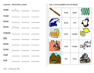 Leamos, transcribe y copia
malo malo__ ______ ______
mula ______ ______ ______
lema ______ ______ ______
loma _loma_ ______ ______
malula ______ ______ ______
Mili ______ ______ ______
lame ______ ______ ______
luma ______ ______ ______
miel ______ ______ ______
mal ______ ______ ______
Lee y une la palabra con el dibujo.
mula lame
loma mil
lima muela
miel muele
ola lima
CMD. E. Diferencial 2005
 