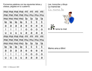 Formemos palabras con las siguientes letras y
sílabas, pégalas en tu cuaderno:
ma ma ma ma mi mi mi mi
me me me me mu mu mu mu
mo mo mo mo la la la la
le le le le li li li li
a a a a e e e e
i i i i o o o o
u u u u a a a a
ma ma ma ma mi mi mi mi
me me me me mu mu mu mu
mo mo mo mo la la la la
le le le le li li li li
a a a a e e e e
i i i i o o o o
u u u u a a a a
Lee, transcribe y dibuja
La mamá lee
La mamá lee
El lame la miel
______________________________
Memo ama a Mimí
CMD. E. Diferencial 2005
 