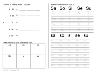 Forma la sílaba, léela , copiala
a sa
o so
s i si
e se
u su
sa ________ ________ _______
so ________ ________ _______
si ________ ________ _______
se ________ ________ _______
su ________ ________ _______
Haz un dibujo que comience con:
sa su so
Se si sa
Remarca las sílabas con s
Sa So Si Se Su
Sa So Si Se Su
Sa So Si Se Su
Sa So Si Se Su
Sa So Si Se Su
sa so si se su
sa so sii se su
sa so sii se su
sa so sii se su
sa so sii se su
sa so sii se su
sa so sii se su
C.Mollo D. E. Diferencial 2005
 