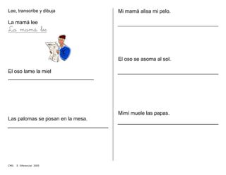 Lee, transcribe y dibuja
La mamá lee
La mamá lee
El oso lame la miel
______________________________
Las palomas se posan en la mesa.
Mi mamá alisa mi pelo.
El oso se asoma al sol.
Mimí muele las papas.
CMD. E. Diferencial 2005
 