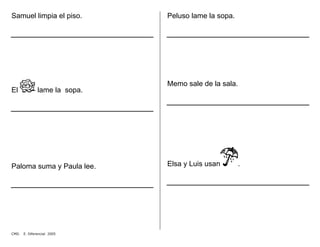 Samuel limpia el piso.
El lame la sopa.
Paloma suma y Paula lee.
Peluso lame la sopa.
Memo sale de la sala.
Elsa y Luis usan .
CMD. E. Diferencial 2005
 