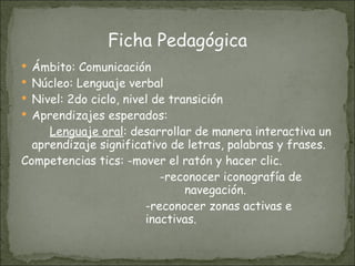 Ficha Pedagógica Ámbito: Comunicación Núcleo: Lenguaje verbal Nivel: 2do ciclo, nivel de transición Aprendizajes esperados:  Lenguaje oral : desarrollar de manera interactiva un aprendizaje significativo de letras, palabras y frases. Competencias tics: -mover el ratón y hacer clic. -reconocer iconografía de    navegación.   -reconocer zonas activas e    inactivas.  