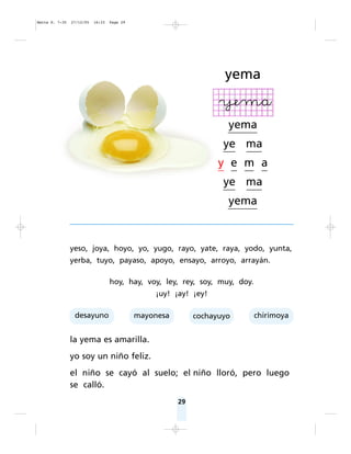 29
yeso, joya, hoyo, yo, yugo, rayo, yate, raya, yodo, yunta,
yerba, tuyo, payaso, apoyo, ensayo, arroyo, arrayán.
hoy, hay, voy, ley, rey, soy, muy, doy.
¡uy! ¡ay! ¡ey!
la yema es amarilla.
yo soy un niño feliz.
el niño se cayó al suelo; el niño lloró, pero luego
se calló.
yema
yema
ye ma
y e m a
ye ma
yema
desayuno mayonesa cochayuyo chirimoya
Matte P. 7-35 27/12/05 16:33 Page 29
 