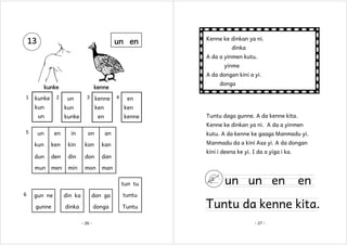13

un en

Kenne ke dinkan ya ni.
dinka
A da a yinmen kutu.
yinme
A da dongan kini a yi.

kunke
1

2

kunke
kun

un

3

kenne

kun

un

donga

kenne

ken

kunke

4

en
ken

en

kenne

Tuntu daga gunne. A da kenne kita.
Kenne ke dinkan ya ni. A da a yinmen

5

un

en

in

on

an

kutu. A da kenne ke gaaga Manmadu yi.

kun

ken

kin

kon

kan

Manmadu da a kini Asa yi. A da dongan

dun

den

din

don

dan

mun

men

min

mon

man

kini i deena ke yi. I da a yiga i ka.

tun tu
6

gun ne

din ka

don ga

tuntu

gunne

dinka

donga

Tuntu

- 26 -

un un en

en

Tuntu da kenne kita.
- 27 -

 