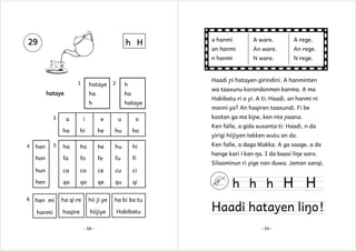 h H

1

hataye

hataye

2

ha
hataye

a

i

e

u

o

hi

he

hu

ho

ha

ho

he

hu

hi

hon

fa

fo

fe

fu

fi

hun

ca

co

ce

cu

an hanmi

An ware.

An rege.

N ware.

N rege.

qa

qo

qe

qu

qi

han mi

ha qi re

hii ji ye

ha bi ba tu

hanmi

haqire

hiijiye

Habibatu

Habibatu ri a yi. A ti: Haadi, an hanmi ni
manni ya? An haqiren taaxundi. Fi be
kootan ga ma kiɲe, ken nta ɲaana.

ci

hen
6

A rege.

wa taaxunu korondonmen kanma. A ma

ha

ha
4

A ware.

Haadi ɲi hatayen girindini. A hanminten

h

h
3

a hanmi
n hanmi

29

han

5

- 58 -

Ken falle, a gida xusanta ti: Haadi, n da
yirigi hiijiyen tekken wutu an da.
Ken falle, a daga Makka. A ga saage, a da
hange kari i kan ŋa. I da baasi liŋe soro.
Silaaminun ri yige nan duwa. Jaman sanqi.

h h h H H

Haadi hatayen liŋo !
- 59 -

 