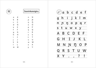 32

Sooninkansigiru
a

A

n

N

b

B

ɲ

Ɲ

c

C

ŋ

Ŋ

d

D

o

O

e

E

p

P

f

F

q

Q

g

G

r

R

h

H

s

S

i

I

t

T

j

J

u

U

k

K

w

W

l

L

x

X

m

M

y

Y

a b c d e f
g h i j k l m
n ɲ ŋ o p q r
s t u w x y

A B C D E F
G H

I J

K L

M N Ɲ Ŋ O P
Q R S T U W
X Y . , ? !

- 64 -

- 65 -

 