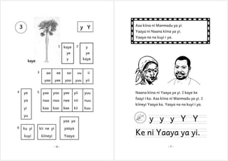 3

y Y

Asa kiina ni Manmadu ya yi.
Yaaya ni Naana kiina ya yi.
Yaaya na na kuyi i ya.

1

2

kaye

y

ye
y

kaye
3

ye
kaye

ye

5

ee

oo

uu

ii

yaa
4

aa

yee

yoo

yuu

yii

yaa

yoo

yee

yii

yuu

ya

naa

noo

nee

nii

nuu

yi

kaa

koo

kee

kii

kuu

yu
yaa ya
6

ku yi

kii ne yi

yaaya

kuyi

kiineyi

Yaaya
-6-

Naana kiina ni Yaaya ya yi. I kaye ke
faayi i ka. Asa kiina ni Manmadu ya yi. I
kiineyi Yaaya ka. Yaaya na na kuyi i ya.

y y y Y Y

Ke ni Yaaya ya yi.
-7-

 