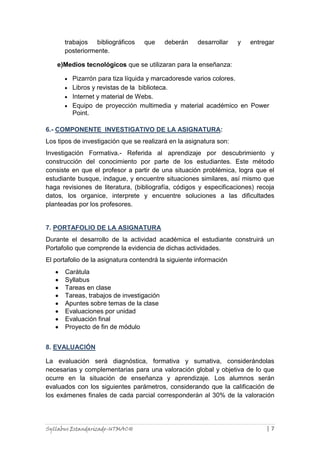 trabajos bibliográficos
posteriormente.

que

deberán

desarrollar

y

entregar

e)Medios tecnológicos que se utilizaran para la enseñanza:
Pizarrón para tiza líquida y marcadoresde varios colores.
Libros y revistas de la biblioteca.
Internet y material de Webs.
Equipo de proyección multimedia y material académico en Power
Point.
6.- COMPONENTE INVESTIGATIVO DE LA ASIGNATURA:
Los tipos de investigación que se realizará en la asignatura son:
Investigación Formativa.- Referida al aprendizaje por descubrimiento y
construcción del conocimiento por parte de los estudiantes. Este método
consiste en que el profesor a partir de una situación problémica, logra que el
estudiante busque, indague, y encuentre situaciones similares, así mismo que
haga revisiones de literatura, (bibliografía, códigos y especificaciones) recoja
datos, los organice, interprete y encuentre soluciones a las dificultades
planteadas por los profesores.

7. PORTAFOLIO DE LA ASIGNATURA
Durante el desarrollo de la actividad académica el estudiante construirá un
Portafolio que comprende la evidencia de dichas actividades.
El portafolio de la asignatura contendrá la siguiente información
Carátula
Syllabus
Tareas en clase
Tareas, trabajos de investigación
Apuntes sobre temas de la clase
Evaluaciones por unidad
Evaluación final
Proyecto de fin de módulo
8. EVALUACIÓN
La evaluación será diagnóstica, formativa y sumativa, considerándolas
necesarias y complementarias para una valoración global y objetiva de lo que
ocurre en la situación de enseñanza y aprendizaje. Los alumnos serán
evaluados con los siguientes parámetros, considerando que la calificación de
los exámenes finales de cada parcial corresponderán al 30% de la valoración

Syllabus Estandarizado-UTMACH

|7

 