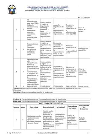 UNIVERSIDAD NACIONAL DANIEL ALCIDES CARRIÓN 
FACULTAD DE CIENCIAS EMPRESARIALES 
ESCUELA DE FORMACIÓN PROFESIONAL DE ADMINISTRACIóN 
Nº 13 - 70845266 
3 5 
La 
administración 
en el siglo XXI 1.- 
Ambiente 
organizacional y 
natural: 
Importancia, 
entornos, 
elementos y 
como 
administrarlas 
Casos 
Conoce, analiza 
y explica la 
importancia, 
entorno y 
elementos y 
como 
administrar el 
ambiente 
organizacional 
Asume la 
importancia de 
la 
administración 
del ambiente 
organizacional. 
Reconoce y 
explica la 
importancia de 
la 
administración 
en el siglo XXI. 
Ficha de 
control de 
lectura. 
3 6 
Responsabilidad 
y ética: 
Conceptos, 
instrumentos, 
desafía del 
relativismo. 
Casos. 
Conoce, analiza 
y explica la 
importancia de 
la 
responsabilidad 
social y ética de 
las 
organizaciones y 
desarrolla casos 
relacionados 
Demuestra 
sensibilidad y 
reconoce la 
importancia de 
la 
responsabilidad 
social en las 
organizaciones. 
Explica la 
importancia de 
la 
responsabilidad 
social. 
Conferencia o 
exposición. 
4 7 
La globalización 
y la 
administración: 
Historia y 
significación de 
la globalización y 
la 
competitividad, 
la influencia de 
los Gobiernos en 
la 
competitividad, 
las prácticas 
globales de las 
empresas. Casos. 
Conoce, analiza 
y explica la 
importancia y la 
influencia de la 
globalización en 
la 
administración 
de las 
organizaciones 
actuales y 
desarrolla casos 
prácticos 
Reconoce la 
influencia de la 
organización en 
la 
administración 
moderna de las 
organizaciones. 
Reconoce la 
importancia de 
la globalización 
y la relaciona 
con la 
administración 
Ficha de 
evaluación, 
dinámica de 
grupo. 
4 8 EVALUACION EVALUACION EVALUACION EVALUACION Prueba escrita 
Lectura: Perspectivas futuras de la administración. ¿Qué está cambiando en la vida de las fábricas?. 
Chiavenato 
Actividad: Elabora organizadores visuales de las lecturas 
UNIDAD 2: Procesos administrativos. Procesos administrativos de planificación 
Capacidad: Procesos administrativos. Procesos administrativos de planificación 
CONTENIDOS DE APRENDIZAJE 
Semana Sesión Conceptual Procedimental Actitudinal Indicadores 
de Logro 
Instrumentos 
de 
Evaluación 
5 9 
Espíritu emprendedor 
y la administración 
Significado, 
importancia, beneficio 
y factores. Casos. 
Conoce, analiza 
y explica el 
significado, la 
importancia y 
beneficios del 
emprendimiento 
empresarial y la 
forma de 
administrarlas y 
desarrolla casos 
prácticos. 
Asume y toma 
interés que el 
emprendimiento 
empresarial 
tiene 
connotación 
actual 
Explica la 
importancia 
del espíritu 
emprendedor 
en la 
administración 
Ficha de 
lectura 
comendada 
03 Sep 2014 21:19:44 Sistema de Gestión e-UNDAC 3 
 