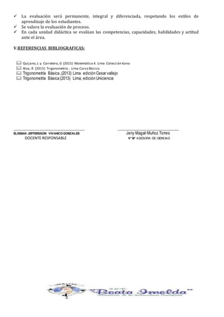  La evaluación será permanente, integral y diferenciada, respetando los estilos de
aprendizaje de los estudiantes.
 Se valora la evaluación de proceso.
 En cada unidad didáctica se evalúan las competencias, capacidades, habilidades y actitud
ante el área.
V.REFERENCIAS BIBLIOGRAFICAS:
 Quijano,J. y Carretero, G (2015) Matemática 4. Lima Colección Kano
 Alva, R (2015) Trigonometría , Lima Curso Básico.
 Trigonometría Básica ,(2013) Lima edición Cesar vallejo
 Trigonometría Básica (2013) Lima; edición Uniciencia
__________________________________________ ____________________________________
ELISBAN JEFFERSSON VIVANCOGONZALES Jeny Magali Muñoz Torres
DOCENTE RESPONSABLE V°B° ASESORA DE CIENCIAS
 