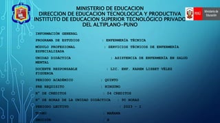 MINISTERIO DE EDUCACION
DIRECCION DE EDUCACION TECNOLOGICA Y PRODUCTIVA
INSTITUTO DE EDUCACION SUPERIOR TECNOLÓGICO PRIVADO
DEL ALTIPLANO-PUNO
INFORMACIÓN GENERAL
PROGRAMA DE ESTUDIOS : ENFERMERÍA TÉCNICA
MÓDULO PROFESIONAL : SERVICIOS TÉCNICOS DE ENFERMERÍA
ESPECIALIZADA
UNIDAD DIDÁCTICA : ASISTENCIA DE ENFERMERÍA EN SALUD
MENTAL
DOCENTE RESPONSABLE : LIC. ENF. KAREM LISBET VÉLEZ
FIGUEROA
PERIODO ACADÉMICO : QUINTO
PRE REQUISITO : NINGUNO
N° DE CREDITOS : 04 CREDITOS
N° DE HORAS DE LA UNIDAD DIDÁCTICA : 90 HORAS
PERIODO LECTIVO : 2023 - I
TURNO : MAÑANA
SECCIÓN : B
 