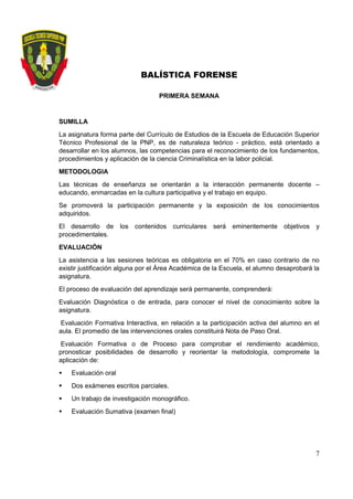 7
BALÍSTICA FORENSE
PRIMERA SEMANA
SUMILLA
La asignatura forma parte del Currículo de Estudios de la Escuela de Educación Superior
Técnico Profesional de la PNP, es de naturaleza teórico - práctico, está orientado a
desarrollar en los alumnos, las competencias para el reconocimiento de los fundamentos,
procedimientos y aplicación de la ciencia Criminalística en la labor policial.
METODOLOGIA
Las técnicas de enseñanza se orientarán a la interacción permanente docente –
educando, enmarcadas en la cultura participativa y el trabajo en equipo.
Se promoverá la participación permanente y la exposición de los conocimientos
adquiridos.
El desarrollo de los contenidos curriculares será eminentemente objetivos y
procedimentales.
EVALUACIÓN
La asistencia a las sesiones teóricas es obligatoria en el 70% en caso contrario de no
existir justificación alguna por el Área Académica de la Escuela, el alumno desaprobará la
asignatura.
El proceso de evaluación del aprendizaje será permanente, comprenderá:
Evaluación Diagnóstica o de entrada, para conocer el nivel de conocimiento sobre la
asignatura.
Evaluación Formativa Interactiva, en relación a la participación activa del alumno en el
aula. El promedio de las intervenciones orales constituirá Nota de Paso Oral.
Evaluación Formativa o de Proceso para comprobar el rendimiento académico,
pronosticar posibilidades de desarrollo y reorientar la metodología, compromete la
aplicación de:
 Evaluación oral
 Dos exámenes escritos parciales.
 Un trabajo de investigación monográfico.
 Evaluación Sumativa (examen final)
 