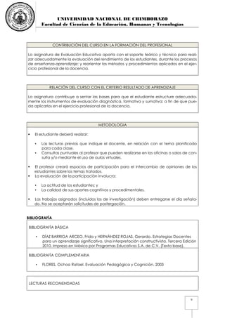 UNIVERSIDAD NACIONAL DE CHIMBORAZO
Facultad de Ciencias de la Educación, Humanas y Tecnologías
9
CONTRIBUCIÓN DEL CURSO EN LA FORMACIÓN DEL PROFESIONAL
La asignatura de Evaluación Educativa aporta con el soporte teórico y técnico para reali-
zar adecuadamente la evaluación del rendimiento de los estudiantes, durante los procesos
de enseñanza-aprendizaje; y reorientar los métodos y procedimientos aplicados en el ejer-
cicio profesional de la docencia.
RELACIÓN DEL CURSO CON EL CRITERIO RESULTADO DE APRENDIZAJE
La asignatura contribuye a sentar las bases para que el estudiante estructure adecuada-
mente los instrumentos de evaluación diagnóstica, formativa y sumativa; a fin de que pue-
da aplicarlos en el ejercicio profesional de la docencia.
METODOLOGIA
 El estudiante deberá realizar:
• Las lecturas previas que indique el docente, en relación con el tema planificado
para cada clase.
• Consultas puntuales al profesor que pueden realizarse en las oficinas o salas de con-
sulta y/o mediante el uso de aulas virtuales.
 El profesor creará espacios de participación para el intercambio de opiniones de los
estudiantes sobre los temas tratados.
 La evaluación de la participación involucra:
• La actitud de los estudiantes; y
• La calidad de sus aportes cognitivos y procedimentales.
 Los trabajos asignados (incluidos los de investigación) deben entregarse el día señala-
do. No se aceptarán solicitudes de postergación.
BIBLIOGRAFÍA
BIBLIOGRAFÍA BÁSICA
• DÍAZ BARRIGA ARCEO, Frida y HERNÁNDEZ ROJAS, Gerardo. Estrategias Docentes
para un aprendizaje significativo. Una interpretación constructivista. Tercera Edición
2010. Impreso en México por Programas Educativos S.A. de C.V. (Texto base).
BIBLIOGRAFÍA COMPLEMENTARIA
• FLORES, Ochoa Rafael. Evaluación Pedagógica y Cogniciòn, 2003
LECTURAS RECOMENDADAS
 