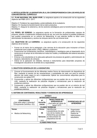 4. ARTICULACIÓN DE LA ASIGNATURA (R.A.) EN CORRESPONDENCIA CON LOS NIVELES DE
CONCRECIÓN DEL CURRÍCULO
4.1. PLAN NACIONAL DEL BUEN VIVIR: La asignatura aporta a la consecución de los siguientes
objetivos del PNBV 2013 - 2017:
Objetivo 4: Fortalecer las capacidades y potencialidades de la ciudadanía.
Objetivo 10: Impulsar la transformación de la matriz productiva.
Objetivo 11. Asegurar la soberanía y de los sectores estratégicos para la transformación industrial y
tecnológica.
4.2. PERFIL DE EGRESO: La asignatura aporta en la formación de profesionales capaces de
proponer, diseñar e implementar infraestructuras de red, así como de resolver lo posibles problemas
que pueden presentarse en un entorno de Networking, lo que además facilita su labor como
administrador de laboratorio y centros de cómputo dentro de una Intranet local.
4.3. OBJETIVOS DE LA CARRERA: La asignatura aporta a la consecución de los siguientes
objetivos de la Carrera:
• Formar en el marco de la pedagogía y las ciencias de la educación para incorporar al futuro
profesional como sujeto activo, crítico, reflexivo y autónomo.
• Proporcionar los fundamentos científicos, metodológicos y axiológicos para el desempeño de la
docencia en el campo de la informática en todos los niveles y modalidades del sistema educativo
ecuatoriano.
• Entrenar a los estudiantes en la adecuada aplicación de procesos de gestión y administración de
equipos y laboratorios de cómputo.
• Instruir en la aplicación de métodos, técnicas e instrumentos para desarrollar proyectos de
investigación educativa en el ámbito de su especialidad.
5. OBJETIVOS GENERALES DE LA ASIGNATURA
1. Conocer el funcionamiento de los diferentes medios físicos de interconexión de dispositivos de
Red, mediante el estudio de las características y propiedades de cada uno para la correcta
elección del medio según la red a implementar; Aplicar los conocimientos adquiridos para la
construcción de cables UTP.
2. Comprender y aplicar las diferentes configuraciones que se pueden dar en un entorno de red
LAN, mediante la realización de prácticas dirigidas y simulaciones para la resolución de
problemas prácticos.
3. Comprender y aplicar las diferentes configuraciones que se pueden dar en un entorno de red
WAN, mediante la realización de prácticas dirigidas y simulaciones para la resolución de
problemas prácticos
6. SISTEMA DE CONTENIDOS, RESULTADOS Y EVIDENCIAS DE APRENDIZAJE
Unidad I
INTERCONECTIVIDAD
CONTENIDOS
¿Qué debe saber y entender?
(Componente Científico. CC)
Nº
Horas/Se
manas
RESULTADOS DEL
APRENDIZAJE
¿Qué debe ser capaz de
hacer? (CT)
EVIDENCIA(S) DE LO
APRENDIDO
CLASES TEÓRICAS
Temas:
 Medios de Networking
Horas:
08
Semanas
1, 2
Identifica las
características de cada
uno de los medios de
Networking que permiten
la interconexión de
dispositivos de red.
 Organizador
gráfico de los
medios de
Interconexión
estudiados.
CLASES PRÁCTICAS
UNACH 3 de 8
 
