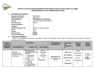 INSTITUTO DE EDUCACION SUPERIOR TECNOLOGICO PUBLICO “MAX PLANCK” DE AMBO
PROGRAMACION DE LAS UNIDADES DIDACTICAS
I. INFORMACION GENERAL:
Programa de Estudios : Mecatrónica
Módulo Transversal : Informática
Unidad Didáctica : APLICAIONES EN INTERNET
Docente : Ing. Milton César CHAVEZ MATOS
Periodo Lectivo : 2022 –II
Periodo Académico : II
Créditos : 1.5
Total de Horas de la U.D : 48 horas /3 horas semanales
Turno : Diurno
Sección : Única
Fecha de Inicio : 15/08/22
Fecha de Finalización : 16/12/22
II. CAPACIDAD TERMINAL:
Utiliza el computador para organizar y administrar archivos, considerándolo como medio de información y comunicación, buscando la
optimización de recursos.
ELEMENTO
S DE LA
CAPACIDAD
TERMINAL
CONTENIDO ACTIVIDADES DE
APRENDIZAJE
CRITERIOS
DE
EVALUACIO
N
INDICADO
RES DE
LOGRO
HORA
SEMANA
FECHA
PROCEDIMENTAL CONCEPTUAL ACTITUDINAL
Utiliza los
navegadores de
internet de manera
responsable.
Actividad N° 01
Los navegadores de
Internet:
 Navegadores.
 Ingresando a
internet.
 Página Web.
 Barra de
herramientas.
 Búsqueda dentro
de la página Web.
Valora la
importancia
del uso
responsable
de
los
navegadores
Actividad N° 01
Los navegadores de
Internet:
Utiliza las
principales
herramienta
s de un
navegador
Utiliza
aplicaciones
de internet
para la
búsqueda de
la
03 horas
01 Semana
Del
15/08/22 Al
19/08/22
 