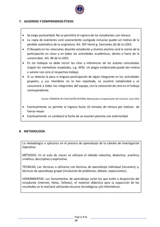 Página 7 de
10
7. ACUERDOS Y COMPROMISOS ÉTICOS
 Se exige puntualidad. No se permitirá el ingreso de los estudiantes con retraso.
 La copia de exámenes será severamente castigada inclusive puede ser motivo de la
perdida automática de la asignatura. Art. 207 literal g. Sanciones (b) de la LOES.
 El Respeto en las relaciones docente-estudiante y alumno-alumno será la norma de la
participación en clase y en todas las actividades académicas, dentro o fuera de la
universidad.. Art. 86 de la LOES
 En los trabajos se debe incluir las citas y referencias de los autores consultados
(según las normativas aceptadas, v.g. APA). Un plagio evidenciado puede dar motivo
a valorar con cero el respectivo trabajo.
 Si se detecta la poca o ninguna participación de algún integrante en las actividades
grupales, y sus miembros no lo han reportado, se asumirá complicidad y se
sancionará a todos los integrantes del equipo, con la valoración de cero en el trabajo
correspondiente.
Fuente:COMISION DE EVALUACIÓN INTERNA, Manual para la organización del Currículo. Junio 2011
 Eventualmente se permite el ingreso hasta 10 minutos de retraso por motivos de
fuerza mayor
 Eventualmente se cambiará la fecha de un examen prevista con anterioridad
8. METODOLOGÍA
La metodología a aplicarse en el proceso de aprendizaje de la cátedra de Investigación
Operativa:
MÉTODOS: En el aula de clases se utilizará el método inductivo, deductivo, analítico,
sintético, descriptivo y explicativo.
TÈCNICAS; Las técnicas a utilizarse son técnicas de aprendizaje individual (resumen); y,
técnicas de aprendizaje grupal (resolución de problemas, debate, exposiciones).
HERRAMIENTAS: Las herramientas de aprendizaje serán las que estén a disposición del
estudiante (internet, libros, folletos), el material didáctico para la exposición de los
resultados se lo realizará utilizando recursos tecnológicos y/o informáticos.
 