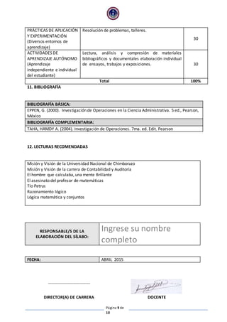 Página 9 de
10
PRÁCTICAS DE APLICACIÓN
Y EXPERIMENTACIÓN
(Diversos entornos de
aprendizaje)
Resolución de problemas, talleres.
30
ACTIVIDADES DE
APRENDIZAJE AUTÓNOMO
(Aprendizaje
independiente e individual
del estudiante)
Lectura, análisis y compresión de materiales
bibliográficos y documentales elaboración individual
de ensayos, trabajos y exposiciones. 30
Total 100%
11. BIBLIOGRAFÍA
BIBLIOGRAFÍA BÁSICA:
EPPEN, G. (2000). Investigación de Operaciones en la Ciencia Administrativa. 5 ed., Pearson,
México
BIBLIOGRAFÍA COMPLEMENTARIA:
TAHA, HAMDY A. (2004). Investigación de Operaciones. 7ma. ed. Edit. Pearson
12. LECTURAS RECOMENDADAS
Misión y Visión de la Universidad Nacional de Chimborazo
Misión y Visión de la carrera de Contabilidad y Auditoría
El hombre que calculaba, una mente Brillante
El asesinato del profesor de matemáticas
Tío Petrus
Razonamiento lógico
Lógica matemática y conjuntos
RESPONSABLE/S DE LA
ELABORACIÓN DEL SÍLABO:
Ingrese su nombre
completo
FECHA: ABRIL 2015
……………………………….…
DIRECTOR(A) DE CARRERA DOCENTE
 