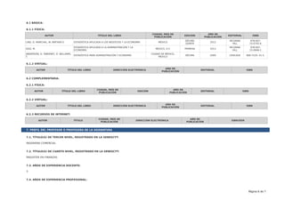 6.1 BÁSICA:
6.1.1 FÍSICA:
AUTOR TÍTULO DEL LIBRO
CIUDAD, PAÍS DE
PUBLICACIÓN
EDICIÓN
AÑO DE
PUBLICACIÓN
EDITORIAL ISBN
LIND, D. MARCHAL, W. WATHEN S. ESTADÍSTICA APLICADA A LOS NEGOCIOS Y LA ECONOMÍA MÉXICO
DÉCIMO
QUINTA
2012
MCGRAW
HILL
978-607-
15-0742-6
DÍAZ, M.
ESTADÍSTICA APLICADA A LA ADMINISTRACIÓN Y LA
ECONOMÍA.
MÉXICO, D.F. PRIMERA 2013
MCGRAW
HILL
978-607-
15-0846-1
ANDERSON, D. SWEENEY, D. WILLIAMS,
T.
ESTADÍSTICA PARA ADMINISTRACIÓN Y ECONOMÍA
CIUDAD DE MÉXICO,
MÉXICO
DÉCIMA 2009 CENCAGE 968-7529- 41-5.
6.1.2 VIRTUAL:
AUTOR TÍTULO DEL LIBRO DIRECCIÓN ELECTRÓNICA
AÑO DE
PUBLICACIÓN
EDITORIAL ISBN
6.2 COMPLEMENTARIA:
6.2.1 FÍSICA:
AUTOR TÍTULO DEL LIBRO
CIUDAD, PAÍS DE
PUBLICACIÓN
EDICIÓN
AÑO DE
PUBLICACIÓN
EDITORIAL ISBN
6.2.2 VIRTUAL:
AUTOR TÍTULO DEL LIBRO DIRECCIÓN ELECTRÓNICA
AÑO DE
PUBLICACIÓN
EDITORIAL ISBN
6.2.3 RECURSOS DE INTERNET:
AUTOR TÍTULO
CIUDAD, PAÍS DE
PUBLICACIÓN
DIRECCIÓN ELECTRÓNICA
AÑO DE
PUBLICACIÓN
ISBN/ISSN
7. PERFIL DEL PROFESOR O PROFESORA DE LA ASIGNATURA
7.1. TÍTULO(S) DE TERCER NIVEL, REGISTRADO EN LA SENESCYT:
INGENIERA COMERCIAL
7.2. TÍTULO(S) DE CUARTO NIVEL, REGISTRADO EN LA SENESCYT:
MAGISTER EN FINANZAS
7.3. AÑOS DE EXPERIENCIA DOCENTE:
3
7.4. AÑOS DE EXPERIENCIA PROFESIONAL:
Página 6 de 7
 