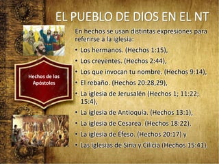 EL PUEBLO DE DIOS EN EL NT
En hechos se usan distintas expresiones para
referirse a la iglesia:
• Los hermanos. (Hechos 1:15),
• Los creyentes. (Hechos 2:44),
• Los que invocan tu nombre. (Hechos 9:14),
• El rebaño. (Hechos 20:28,29),
• La iglesia de Jerusalén (Hechos 1; 11:22;
15:4),
• La iglesia de Antioquía. (Hechos 13:1),
• La iglesia de Cesarea. (Hechos 18:22),
• La iglesia de Éfeso. (Hechos 20:17) y
• Las iglesias de Siria y Cilicia (Hechos 15:41).
Hechos de los
Apóstoles
 