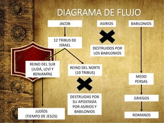 DIAGRAMA DE FLUJO
12 TRIBUS DE
ISRAEL
REINO DEL SUR
(JUDÁ, LEVÍ Y
BENJAMÍN)
MEDO
PERSAS
GRIEGOS
JACOB
DESTRUIDOS POR
LOS BABILONIOS
ROMANOS
REINO DEL NORTE
(10 TRIBUS)
ASIRIOS BABILONIOS
DESTRUIDAS POR
SU APOSTASÍA
POR ASIRIOS Y
BABILONIOSJUDÍOS
(TIEMPO DE JESÚS)
 