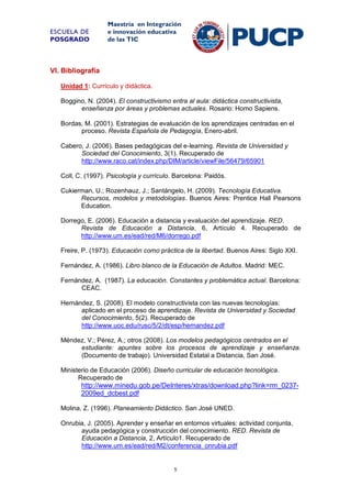 ESCUELA DE
POSGRADO

Maestría en Integración
e innovación educativa
de las TIC

VI. Bibliografía
Unidad 1: Currículo y didáctica.
Boggino, N. (2004). El constructivismo entra al aula: didáctica constructivista,
enseñanza por áreas y problemas actuales. Rosario: Homo Sapiens.
Bordas, M. (2001). Estrategias de evaluación de los aprendizajes centradas en el
proceso. Revista Española de Pedagogía, Enero-abril.
Cabero, J. (2006). Bases pedagógicas del e-learning. Revista de Universidad y
Sociedad del Conocimiento, 3(1). Recuperado de
http://www.raco.cat/index.php/DIM/article/viewFile/56479/65901
Coll, C. (1997). Psicología y currículo. Barcelona: Paidós.
Cukierman, U.; Rozenhauz, J.; Santángelo, H. (2009). Tecnología Educativa.
Recursos, modelos y metodologías. Buenos Aires: Prentice Hall Pearsons
Education.
Dorrego, E. (2006). Educación a distancia y evaluación del aprendizaje. RED.
Revista de Educación a Distancia, 6, Artículo 4. Recuperado de
http://www.um.es/ead/red/M6/dorrego.pdf
Freire, P. (1973). Educación como práctica de la libertad. Buenos Aires: Siglo XXI.
Fernández, A. (1986). Libro blanco de la Educación de Adultos. Madrid: MEC.
Fernández, A. (1987). La educación. Constantes y problemática actual. Barcelona:
CEAC.
Hernández, S. (2008). El modelo constructivista con las nuevas tecnologías:
aplicado en el proceso de aprendizaje. Revista de Universidad y Sociedad
del Conocimiento, 5(2). Recuperado de
http://www.uoc.edu/rusc/5/2/dt/esp/hernandez.pdf
Méndez, V.; Pérez, A.; otros (2008). Los modelos pedagógicos centrados en el
estudiante: apuntes sobre los procesos de aprendizaje y enseñanza.
(Documento de trabajo). Universidad Estatal a Distancia, San José.
Ministerio de Educación (2006). Diseño curricular de educación tecnológica.
Recuperado de

http://www.minedu.gob.pe/DeInteres/xtras/download.php?link=rm_02372009ed_dcbest.pdf
Molina, Z. (1996). Planeamiento Didáctico. San José UNED.
Onrubia, J. (2005). Aprender y enseñar en entornos virtuales: actividad conjunta,
ayuda pedagógica y construcción del conocimiento. RED. Revista de
Educación a Distancia, 2, Artículo1. Recuperado de
http://www.um.es/ead/red/M2/conferencia_onrubia.pdf

5

 