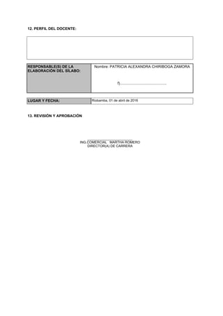 12. PERFIL DEL DOCENTE:
RESPONSABLE(S) DE LA
ELABORACIÓN DEL SÍLABO:
Nombre: PATRICIA ALEXANDRA CHIRIBOGA ZAMORA
f).............................................
LUGAR Y FECHA: Riobamba, 01 de abril de 2016
13. REVISIÓN Y APROBACIÓN
________________________
ING.COMERCIAL MARTHA ROMERO
DIRECTOR(A) DE CARRERA
 