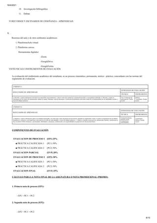 18/4/2021
8/10
10. Investigación bibliográfica
11. Debate
VI RECURSOS Y ESCENARIOS DE ENSEÑANZA - APRENDIZAJE.
I.
Recursos del aula y de otros ambientes académicos:
1. PlataformaAula virtual.
2. Plataforma canvas.
Herramientas digitales:
-Zoom.
-GoogleDrive.
-GoogleForms.
VIITÉCNICAS E INSTRUMENTOS DE EVALUACIÓN
La evaluación del rendimiento académico del estudiante, es un proceso sistemático, permanente, teórico - práctico, concordante con las normas del
reglamento de evaluación.
UNIDAD U1
RESULTADOS DE APRENDIZAJE
ESTRATEGIA DE EVALUACIÓN
TÉCNICA INSTRUMENTO
a. Describe y explica información relevante de la autoestima, procrastinación y valores como base central de su formación personal, en una práctica calificada. b. Describe y explica la
información de los estilos de comunicación, trabajo en equipo, liderazgo, toma de decisiones y resolución de problemas como base central de su fortalecimiento de sus habilidades sociales, a
través de trabajos prácticos.
Foro, Evaluación de
participación, Prueba
escrita
Rúbrica,
Cuestionario, Prueba
escrita
UNIDAD U2
RESULTADOS DE APRENDIZAJE
ESTRATEGIA DE EVALUACIÓN
TÉCNICA INSTRUMENTO
a. Organiza y explica información sobre la sexualidad responsable y las adicciones como mecanismo de prevención, mediante un organizador visual. b. Explica la importancia de los hábitos
alimenticios, resilencia y actividad física como parte de su estilo de vida saludable, a través de trabajos prácticos. c. Elabora y sustenta su proyecto de vida personal, familiar y profesional en
base al análisis FODA (fortalezas, oportunidades, debilidades y amenazas), estableciendo con responsabilidad sus propósitos de vida personal futuro.
Evaluación práctica,
Informe escrito,
Evaluación de
conocimientos
Cuestionario,
Rúbrica, Prueba
escrita
COMPONENTES DE EVALUACIÓN
EVALUACION DE PROCESO 1 (EP1) 25%
■ PRÁCTICA CALIFICADA 1 (PC1) 50%
■ PRÁCTICA CALIFICADA 2 (PC2) 50%
EVALUACION PARCIAL (EVP) 20%
EVALUACION DE PROCESO 2 (EP2) 30%
■ PRÁCTICA CALIFICADA 1 (PC1) 50%
■ PRÁCTICA CALIFICADA 2 (PC2) 50%
EVALUACION FINAL (EVF) 25%
CÁLCULO PARA LA NOTA FINAL DE LA ASIGNATURA O NOTA PROMOCIONAL (PROMO):
1. Primera nota de proceso (EP1):
- EP1 = PC1 + PC2
2. Segunda nota de proceso (EP2):
- EP2 = PC1 + PC2
 
