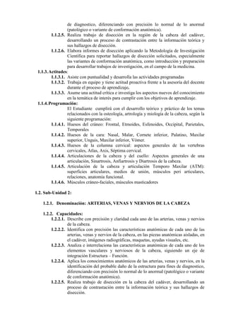 de diagnostico, diferenciando con precisión lo normal de lo anormal
                  (patológico o variante de conformación anatómica).
         1.1.2.5. Realiza trabajo de disección en la región de la cabeza del cadáver,
                  desarrollando un proceso de contrastación entre la información teórica y
                  sus hallazgos de disección.
         1.1.2.6. Elabora informes de disección aplicando la Metodología de Investigación
                  Científica para reportar hallazgos de disección solicitados, especialmente
                  las variantes de conformación anatómica, como introducción y preparación
                  para desarrollar trabajos de investigación, en el campo de la medicina.
 1.1.3. Actitudes:
         1.1.3.1. Asiste con puntualidad y desarrolla las actividades programadas
         1.1.3.2. Trabaja en equipo y tiene actitud proactiva frente a la asesoría del docente
                  durante el proceso de aprendizaje.
         1.1.3.3. Asume una actitud crítica e investiga los aspectos nuevos del conocimiento
                  en la temática de interés para cumplir con los objetivos de aprendizaje.
 1.1.4. Programación:
                  El Estudiante cumplirá con el desarrollo teórico y práctico de los temas
                  relacionados con la osteología, artrología y miología de la cabeza, según la
                  siguiente programación:
         1.1.4.1. Huesos del cráneo: Frontal, Etmoides, Esfenoides, Occipital, Parietales,
                  Temporales
         1.1.4.2. Huesos de la cara: Nasal, Malar, Cornete inferior, Palatino, Maxilar
                  superior, Unguis, Maxilar inferior, Vómer.
         1.1.4.3. Huesos de la columna cervical: aspectos generales de las vertebras
                  cervicales, Atlas, Axis, Séptima cervical.
         1.1.4.4. Articulaciones de la cabeza y del cuello: Aspectos generales de una
                  articulación, Sinartrosis, Anfiartrosis y Diartrosis de la cabeza.
         1.1.4.5. Articulación de la cabeza y articulación Temporo Maxilar (ATM):
                  superficies articulares, medios de unión, músculos peri articulares,
                  relaciones, anatomía funcional.
         1.1.4.6. Músculos cráneo-faciales, músculos masticadores

1.2. Sub-Unidad 2:

   1.2.1. Denominación: ARTERIAS, VENAS Y NERVIOS DE LA CABEZA

   1.2.2. Capacidades:
        1.2.2.1. Describe con precisión y claridad cada uno de las arterias, venas y nervios
                 de la cabeza.
        1.2.2.2. Identifica con precisión las características anatómicas de cada uno de las
                 arterias, venas y nervios de la cabeza, en las piezas anatómicas aisladas, en
                 el cadáver, imágenes radiográficas, maquetas, ayudas visuales, etc.
        1.2.2.3. Analiza e interrelaciona las características anatómicas de cada uno de los
                 elementos vasculares y nerviosos de la cabeza, siguiendo un eje de
                 integración Estructura – Función.
        1.2.2.4. Aplica los conocimientos anatómicos de las arterias, venas y nervios, en la
                 identificación del probable daño de la estructura para fines de diagnostico,
                 diferenciando con precisión lo normal de lo anormal (patológico o variante
                 de conformación anatómica).
        1.2.2.5. Realiza trabajo de disección en la cabeza del cadáver, desarrollando un
                 proceso de contrastación entre la información teórica y sus hallazgos de
                 disección.
 