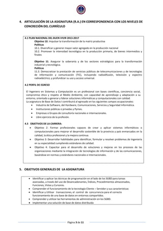 Página 3 de 11
4. ARTICULACIÓN DE LA ASIGNATURA (R.A.) EN CORRESPONDENCIA CON LOS NIVELES DE
CONCRECIÓN DEL CURRÍCULO
4.1 PLAN NACIONAL DEL BUEN VIVIR 2013-2017
Objetivo 10. Impulsar la transformación de la matriz productiva
Políticas
10.1. Diversificar y generar mayor valor agregado en la producción nacional
10.2. Promover la intensidad tecnológica en la producción primaria, de bienes intermedios y
finales
Objetivo 11. Asegurar la soberanía y de los sectores estratégicos para la transformación
industrial y tecnológica.
Políticas
11.3. Democratizar la prestación de servicios públicos de telecomunicaciones y de tecnologías
de información y comunicación (TIC), incluyendo radiodifusión, televisión y espectro
radioeléctrico, y profundizar su uso y acceso universal.
4.2 PERFIL DE EGRESO
El Ingeniero en Sistemas y Computación es un profesional con bases científicas, conciencia social,
compromiso ético y respeto al Medio Ambiente, con capacidad de aprendizaje y adaptación a su
entorno, orientado a generar y liderar soluciones informáticas y computacionales con calidad.
La asignatura de Base de Datos I contribuirá al egresado en los siguientes campos ocupacionales:
 Industria de Software, del Hardware, Comunicaciones, Servicios y Seguridad Informática.
 Instituciones públicas o privadas y Pymes.
 Empresas o Grupos de consultoría nacionales e internacionales.
 Libre ejercicio de la profesión.
4.3 OBJETIVOS DE LA CARRERA:
 Objetivo 2: Formar profesionales capaces de crear y aplicar sistemas informáticos o
computacionales para mejorar el desarrollo sostenible de la provincia y país enmarcados en la
calidad, la ética profesional y la mejora continua.
 Objetivo 3: Desarrollar habilidades para identificar, formular y resolver problemas de Ingeniería
en su especialidad cumpliendo estándares de calidad.
 Objetivo 4: Capacitar para el desarrollo de soluciones y mejoras en los procesos de las
organizaciones mediante la integración de tecnologías de información y de las comunicaciones,
basándose en normas y estándares nacionales e internacionales.
5. OBJETIVOS GENERALES DE LA ASIGNATURA
 Identificar y aplicar las técnicas de programación en el lado de los SGBD para tareas
avanzadas, a través del uso de Desencadenantes, Índices, Procedimientos almacenados,
Funciones, Vistas y Cursores.
 Comprender el funcionamiento de la tecnología Cliente – Servidor y sus características
 Identificar y Utilizar transacciones, el control de concurrencia para el correcto
funcionamiento de una base de datos en entornos compartidos.
 Comprender y utilizar las herramientas de administración en los SGBD.
 Implementar una solución de base de datos distribuida
 