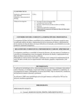 CLASES PRACTICAS
Instalación y administración de
SQL SERVER.
Instalación y administración de
MYSQL.
22-40 s.
Trabajo de Investigación Investigar los tipos de lenguajes SQL
Comandos de Control en SQL
Resumen: Administración de Base de Datos en MySQL
Ejercicios
Laboratorio Calificado de Aplicación
Elaboración de un proyecto de Diseño de Bases de Datos para
Automatización
CONTRIBUCION DEL CURSO EN LA FORMACIÒN DEL PROFESIONAL
La asignatura de Base de Datos consolidará en los estudiantes los elementos propicios para
un adecuado análisis de datos, implementación de las estructuras de datos y administración
de los motores de base de datos con mayor difusión en el mercado, convirtiéndolo en un ente
productivo altamente competitivo.
RELACION DEL CURSO CON EL CRITERIO RESULTADO DE APRENDIZAJE
La asignatura contribuye a consolidar la formación docente y de esta manera el estudiante se
convierta en el protagonista, actor investigador, del proceso de diseño e implementación de
Bases de Datos a través de la acción y reflexión.
Mantendrá un criterio técnico innovador y autónomo, de la ventaja de la implementación de
bases de datos, acorde con los requerimientos individuales, grupales, empresariales y del
estado.
METODOLOGÌA
Se aplicará la metodología activa, seleccionando procesos, técnicas y estrategias innovadoras
entre el docente y el estudiante, a través del trabajo en sinergia, colaborativa, cooperativa, la
investigación de campo y bibliográfica, la técnica del FODA: bajo la orientación y mediación
del docente de manera coherente y pertinente.
Se utilizará el ABP como metodología activa de igual manera se utilizará las TICS en los
procesos enseñanza aprendizaje.
BIBLIOGRAFIA
BIBLIOGRAFÍA BÁSICA:
Coronel., BASES DE DATOS, DISEÑO, IMPLEMENTACIÓN Y
 