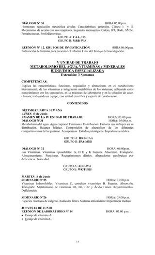 DIÁLOGO Nº 30                                                  HORA:05:00p.m.
Hormonas: regulación metabólica celular. Características generales. Clases: I y II.
Mecanismo de acción con sus receptores. Segundos mensajeros: Calcio, IP3, DAG, AMPc.
Proteincinasas. Fosfodiesterasas.
                              GRUPO A: CAA-JHS
                              GRUPO B: MRB-JVA

REUNIÓN Nº 12. GRUPOS DE INVESTIGACIÓN                                   HORA:06:00p.m.
Publicación de formato para presentar el Informe Final del Trabajo de Investigación.


                   V UNIDAD DE TRABAJO
       METABOLISMO DEL AGUA, VITAMINAS y MINERALES
                BIOQUÍMICA ESPECIALIZADA
                     Extensión: 3 Semanas
COMPETENCIAS:
Explica las características, funciones, regulación y alteraciones en el metabolismo
hidromineral, de las vitaminas e integración metabólica de los sistemas; aplicando estos
conocimientos em los seminarios, en la prácticas de laboratorio y en la solución de casos
clínicos; trabajando en equipo, con actitud científica y espíritu de colaboración.

                                     CONTENIDOS

DÉCIMO CUARTA SEMANA
LUNES 13 de Junio
EXAMEN DE LA IV UNIDAD DE TRABAJO.                                  HORA: 03:00 p.m.
DIÁLOGO Nº31                                                         HORA: 05:00 p.m.
Metabolismo del agua. Agua corporal. Funciones. Distribución. Factores que influyen en su
distribución. Balance hídrico. Composición de electrolitos de los diferentes
compartimientos del organismo. Acuaporinas. Estados patológicos. Importancia médica.

                                  GRUPO A: HRB-CAA
                                  GRUPO B: JPA-MRB

DIÁLOGO Nº 32                                                HORA: 06:00p.m.
Las Vitaminas. Vitaminas liposolubles: A, D E y K Fuentes. Absorción. Transporte.
Almacenamiento. Funciones. Requerimientos diarios. Alteraciones patológicas por
deficiencia. Toxicidad.

                                 GRUPO A: ALC-JVA
                                 GRUPO B: WOT-JHS

MARTES 14 de Junio
SEMINARIO Nº25                                              HORA: 03:00 p.m
Vitaminas hidrosolubles: Vitaminas C, complejo vitamínico B. Fuentes. Absorción.
Transporte. Metabolismo de vitaminas B1, B6, B12 y Ácido Fólico. Requerimientos.
Deficiencias.

SEMINARIO Nº26                                                        HORA: 05:00 p.m.
Especies reactivas de oxígeno. Radicales libres. Sistema antioxidante.Importancia médica.

JUEVES 16 DE JUNIO
REUNIÓN DE LABORATORIO Nº 14                                        HORA: 03:00 p.m.
 Dosaje de vitamina A.
 Dosaje de vitamina C.




                                            14
 