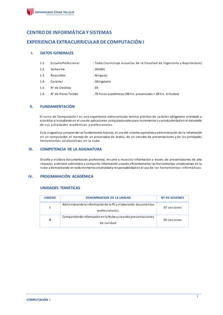 COMPUTACIÓN I
1
CENTRO DE INFORMÁTICAY SISTEMAS
EXPERIENCIA EXTRACURRICULAR DECOMPUTACIÓN I
I. DATOS GENERALES
1.1. EscuelaProfesional : Todas (noincluye escuelas de la Facultad de Ingeniería y Arquitectura)
1.2. Semestre : 201401
1.3. Requisitos : Ninguno
1.4. Carácter : Obligatorio
1.5. N° de Créditos : 03
1.6. N° de Horas Totales : 76 horas académicas (48 hrs. presenciales + 28 hrs. virtuales)
II. FUNDAMENTACIÓN
El curso de Computación I es una experiencia extracurricular teórico práctico de carácter obligatorio orientado a
acreditar al estudiante en el usode aplicaciones computacionalespara incrementar suproductividaden el desarrollo
de sus actividades académicas y profesionales.
Esta asignatura comprende los fundamentos básicos, el usodel sistema operativoyadministración de la información
en un computador, el manejo de un procesador de textos, de un creador de presentaciones y de las principales
herramientas colaborativas en la nube.
III. COMPETENCIA DE LA ASIGNATURA
Diseña y elabora documentación profesional, resume y muestra información a través de presentaciones de alto
impacto; asimismo administra y comparte información usando eficientemente las herramientas colaborativas en la
nube ydemostrando en todomomentocreatividadyresponsabilidadenel uso de las herramientas informáticas.
IV. PROGRAMACIÓN ACADÉMICA
UNIDADES TEMÁTICAS
UNIDAD DENOMINACION DE LA UNIDAD Nº DE SESIONES
I
Administrandola informaciónde la PCy elaborando documentos
profesionales.
07 sesiones
II
Compartiendoinformaciónenla Nube ycreandopresentaciones
de calidad.
05 sesiones
 