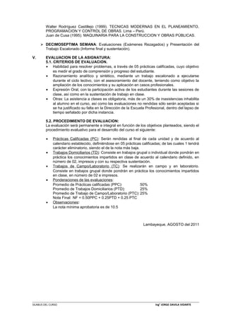 Walter Rodríguez Castillejo (1999). TECNICAS MODERNAS EN EL PLANEAMIENTO,
PROGRAMACION Y CONTROL DE OBRAS. Lima – Perú.
Juan de Cusa (1995). MAQUINARIA PARA LA CONSTRUCCION Y OBRAS PÚBLICAS.
 DECIMOSEPTIMA SEMANA: Evaluaciones (Exámenes Rezagados) y Presentación del
Trabajo Escalonado (Informe final y sustentación).
V. EVALUACION DE LA ASIGNATURA:
5.1. CRITERIOS DE EVALUACION.
• Habilidad para resolver problemas, a través de 05 prácticas calificadas, cuyo objetivo
es medir el grado de comprensión y progreso del estudiante.
• Razonamiento analítico y sintético, mediante un trabajo escalonado a ejecutarse
durante el ciclo lectivo, con el asesoramiento del docente, teniendo como objetivo la
ampliación de los conocimientos y su aplicación en casos profesionales.
• Expresión Oral, con la participación activa de los estudiantes durante las sesiones de
clase, así como en la sustentación de trabajo en clase.
• Otras: La asistencia a clases es obligatoria, más de un 30% de inasistencias inhabilita
al alumno en el curso, así como las evaluaciones no rendidas sólo serán aceptadas si
se ha justificado su falta en la Dirección de la Escuela Profesional, dentro del lapso de
tiempo señalado por dicha instancia.
5.2. PROCEDIMIENTO DE EVALUACION:
La evaluación será permanente e integral en función de los objetivos planteados, siendo el
procedimiento evaluativo para el desarrollo del curso el siguiente:
• Prácticas Calificadas (PC): Serán rendidas al final de cada unidad y de acuerdo al
calendario establecido, definiéndose en 05 prácticas calificadas; de las cuales 1 tendrá
carácter eliminatorio, siendo el de la nota más baja.
• Trabajos Domiciliarios (TD): Consiste en trabajos grupal o individual donde pondrán en
práctica los conocimientos impartidos en clase de acuerdo al calendario definido, en
número de 02, impresos y con su respectiva sustentación.
• Trabajos de Campo/Laboratorio (TC): Se realizarán en campo y en laboratorio.
Consiste en trabajos grupal donde pondrán en práctica los conocimientos impartidos
en clase, en número de 02 e impresos.
• Ponderaciones de las evaluaciones:
Promedio de Prácticas calificadas (PPC): 50%
Promedio de Trabajos Domiciliarios (PTD): 25%
Promedio de Trabajo de Campo/Laboratorio (PTC): 25%
Nota Final: NF = 0.50PPC + 0.25PTD + 0.25 PTC
• Observaciones:
La nota mínima aprobatoria es de 10.5
Lambayeque, AGOSTO del 2011
SILABUS DEL CURSO Ing° JORGE DAVILA VIDARTE
 