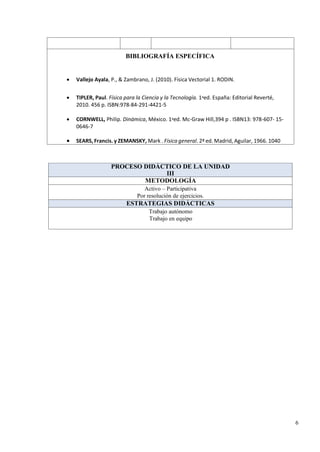 6
BIBLIOGRAFÍA ESPECÍFICA
• Vallejo Ayala, P., & Zambrano, J. (2010). Física Vectorial 1. RODIN.
• TIPLER, Paul. Física para la Ciencia y la Tecnología. 1aed. España: Editorial Reverté,
2010. 456 p. ISBN:978-84-291-4421-5
• CORNWELL, Philip. Dinámica, México. 1aed. Mc-Graw Hill,394 p . ISBN13: 978-607- 15-
0646-7
• SEARS, Francis. y ZEMANSKY, Mark . Física general. 2ª ed. Madrid, Aguilar, 1966. 1040
PROCESO DIDÁCTICO DE LA UNIDAD
III
METODOLOGÍA
Activo – Participativa
Por resolución de ejercicios.
ESTRATEGIAS DIDÁCTICAS
Trabajo autónomo
Trabajo en equipo
 