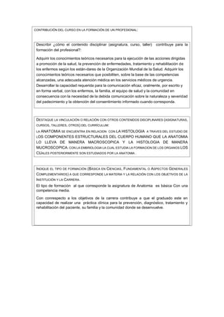 CONTRIBUCIÓN DEL CURSO EN LA FORMACIÓN DE UN PROFESIONAL:
Describir ¿cómo el contenido disciplinar (asignatura, curso, taller) contribuye para la
formación del profesional?:
Adquirir los conocimientos teóricos necesarios para la ejecución de las acciones dirigidas
a promoción de la salud, la prevención de enfermedades, tratamiento y rehabilitación de
los enfermos según los están-dares de la Organización Mundial de la Salud. Adquirir los
conocimientos teóricos necesarios que posibiliten, sobre la base de las competencias
alcanzadas, una adecuada atención médica en los servicios médicos de urgencia.
Desarrollar la capacidad requerida para la comunicación eficaz, oralmente, por escrito y
en forma verbal, con los enfermos, la familia, el equipo de salud y la comunidad en
consecuencia con la necesidad de la debida comunicación sobre la naturaleza y severidad
del padecimiento y la obtención del consentimiento informado cuando corresponda.
DESTAQUE LA VINCULACIÓN O RELACIÓN CON OTROS CONTENIDOS DISCIPLINARES (ASIGNATURAS,
CURSOS, TALLERES, OTROS) DEL CURRÍCULUM:
LA ANATOMIA SE ENCUENTRA EN RELACION CON LA HISTOLOGIA A TRAVES DEL ESTUDIO DE
LOS COMPONENTES ESTRUCTURALES DEL CUERPO HUMANO QUE LA ANATOMIA
LO LLEVA DE MANERA MACROSCOPICA Y LA HISTOLOGIA DE MANERA
MUCROSCOPICA. CON LA EMBRIOLOGIA LA CUAL ESTUDIA LA FORMACION DE LOS ORGANOS LOS
CUALES POSTERIORMENTE SON ESTUDIADOS POR LA ANATOMIA .
INDIQUE EL TIPO DE FORMACIÓN (BÁSICA EN CIENCIAS, FUNDAMENTAL O ASPECTOS GENERALES
COMPLEMENTARIOS) A QUE CORRESPONDE LA MATERIA Y LA RELACIÓN CON LOS OBJETIVOS DE LA
INSTITUCIÓN Y LA CARRERA.
El tipo de formación al que corresponde la asignatura de Anatomia es básica Con una
competencia media.
Con conrespecto a los objetivos de la carrera contribuye a que el graduado este en
capacidad de realizar una práctica clínica para la prevención, diagnóstico, tratamiento y
rehabilitación del paciente, su familia y la comunidad donde se desenvuelve.
 