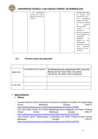 UNIVERSIDAD TÉCNICA “LUIS VARGAS TORRES” DE ESMERALDAS
13
a los estudiantes
alcanzar uno o varios
objetivos del curso en
cuestión.
conocimientos antes
de reunirse por
segunda vez, etc.
Los estudiantes
trabajan por ellos
mismosconlaayuda
de recursos
documentales
puestos a su
disposición.
 Cuando el problema
ha sido resuelto, los
estudiantes
establecen un
balance de sus
aprendizajes y
comienzan un nuevo
ciclo intentando
resolver un nuevo
problema.
5.3. Formas y tipos de evaluación
Medio Ciclo
Acumulativa 70% (7 puntos) Socializaciones de experiencias 40% (3 puntos)
Resolución de Tarea 15% (1,5 puntos)
Uso de las TIC video 15% (1,5 puntos)
Fin de Ciclo
7. BIBLIOGRAFÍA
 Básica.
- Campos Guillermo (2010). Introducción al arte de la investigación científica. Ed. Miguel Ángel
Porrúa. Bibliotecas virtuales UVELVT
https://ebookcentral.proquest.com/lib/uteclvtsp/detail.action?docID=4310646
- Cruz, del Castillo, Cinthia, et al. (2014). Metodología de la investigación. Ed. Patria, ProQuest
E-book Central. Bibliotecas virtuales UVELVT.
https://ebookcentral.proquest.com/lib/uteclvtsp/detail.action?docID=3227245
- Lenin Navarro (2014). Epistemología y metodología. Ed. Patria, ProQuest E-book Central.
Bibliotecas virtuales UVELVT
https://ebookcentral.proquest.com/lib/uteclvtsp/detail.action?docID=3227854
 